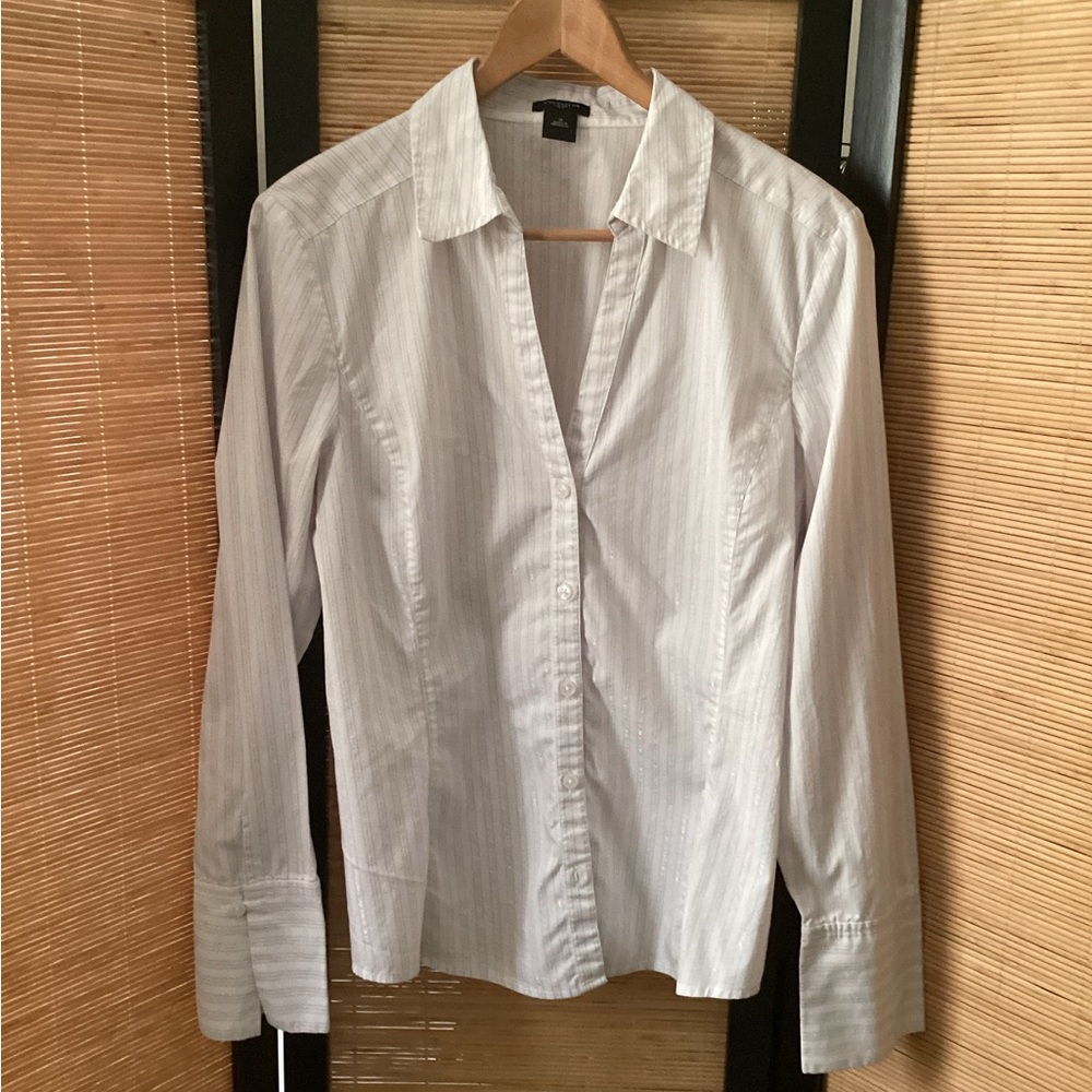 ANN TAYLOR Classic White Button-Up Shirt 14 Blouse metallic threading EUC - Picture 1 of 7